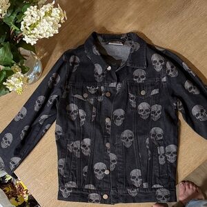 Kids Black Skull Print Denim Jacket